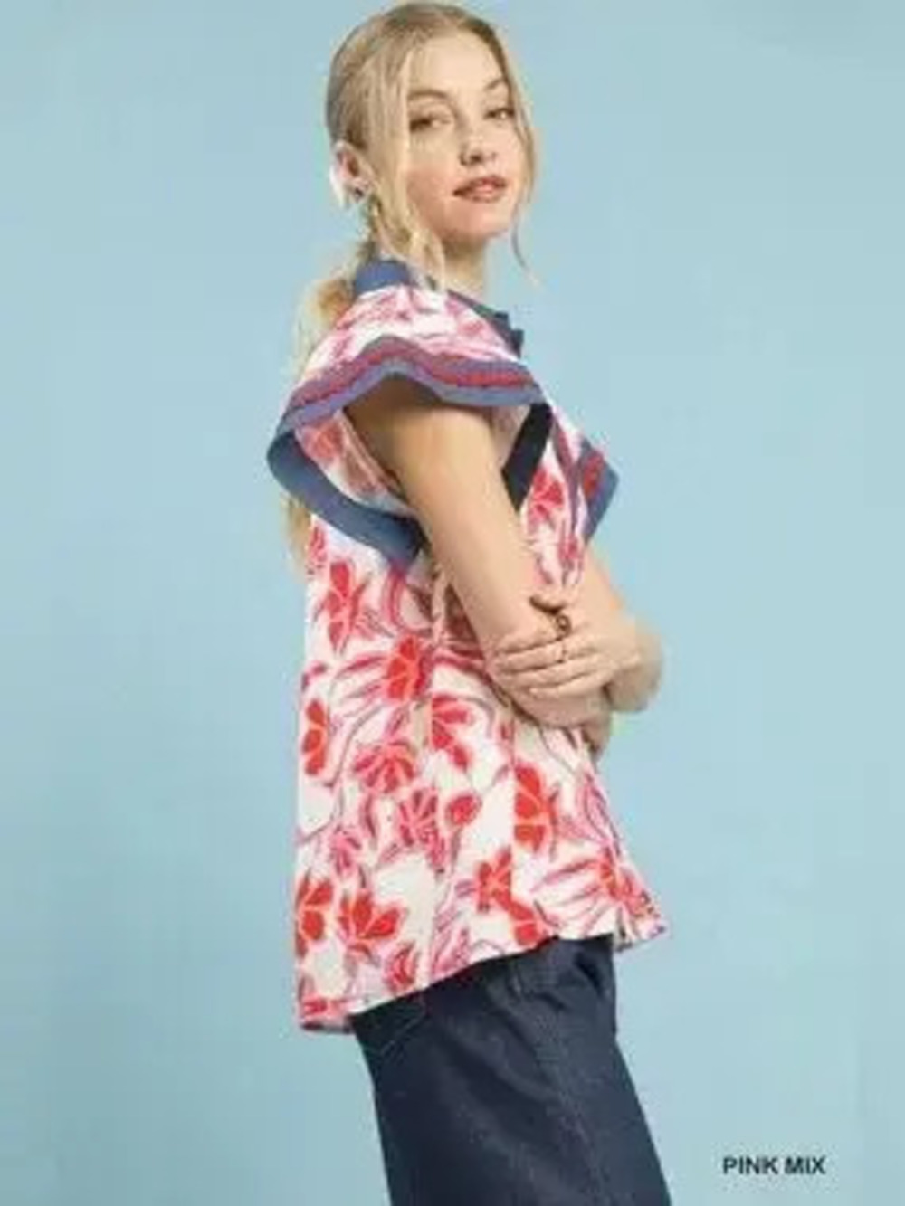 Umgee Floral Split Neck Top - Picture 2 of 7
